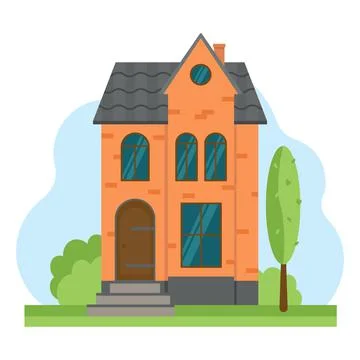 Cute brick house with tree Stock Illustration
