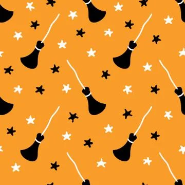 Cute bright Halloween seamless pattern with brooms and stars. Vector Stock Illustration