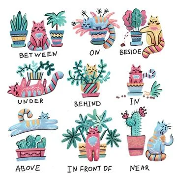 Cute bright hand drawn cat character in different poses with plant pot. Prepo Stock Illustration