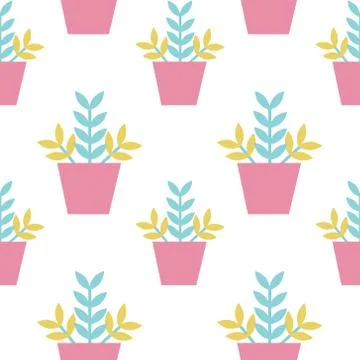 Cute bright pattern with plants in pots on the white background Stock Illustration