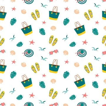 Cute bright seamless summer pattern with items for the sea and vacation. イラスト素材
