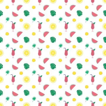 Cute bright seamless summer pattern with watermelons, lemon, cactus Stock Illustration