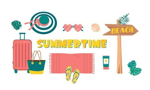 Cute bright set of summer things for travel and beach vacation Stock Illustration