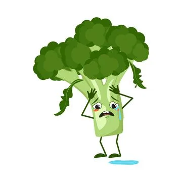 Cute broccoli characters with crying and tears emotions, face, arms and legs Stock Illustration