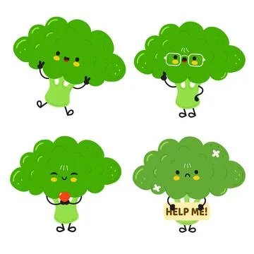 Cute broccoli characters in various poses. Stock Illustration