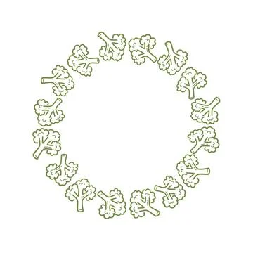 Cute broccoli wreath frame in hand drawn outline style. Illustrazione stock