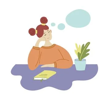 Cute brooding girl sitting at the table. Stock Illustration