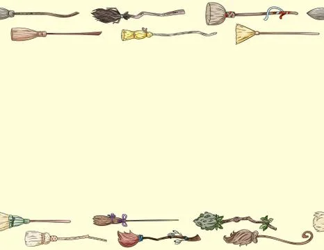Cute broomstick doodles seamless pattern letter format. Halloween decoration Stock Illustration