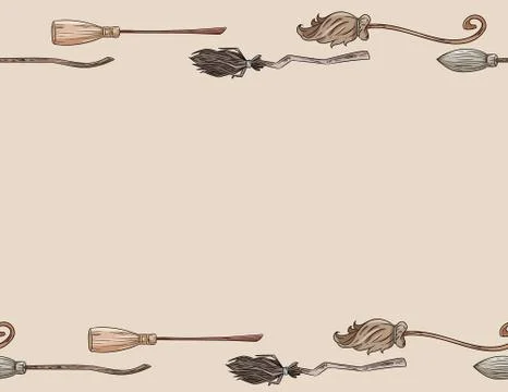 Cute broomstick doodles seamless pattern letter format. Halloween decoration Stock Illustration