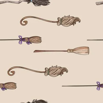 Cute broomstick doodles seamless pattern. Halloween decoration magic brooms b Illustrazione stock