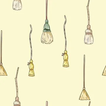 Cute broomstick doodles seamless pattern. Halloween decoration magic brooms b Stock Illustration