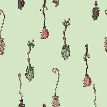 Cute broomstick doodles seamless pattern. Halloween decoration magic brooms b Illustrazione stock