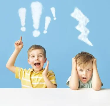 Cute brothers with cloud marks Stock Photos