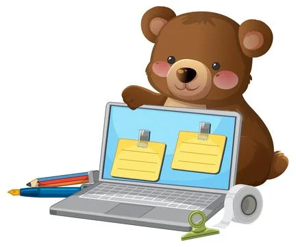 Cute Brown Bear Character Using Laptop with Office Supplies Illustration Illustrazione stock