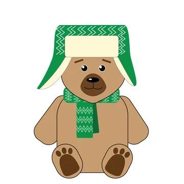 Cute brown bear in a green hat with earflaps and a scarf. Stock Illustration
