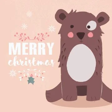 Cute brown bear on pink background and Merry Christmas lettering Stock Illustration