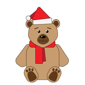 Cute brown bear in a red Christmas cap and scarf. Isolated on white background Stock Illustration