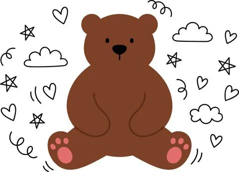 Cute Brown Bear Sitting with Doodle Hearts and Stars. Stock Illustration