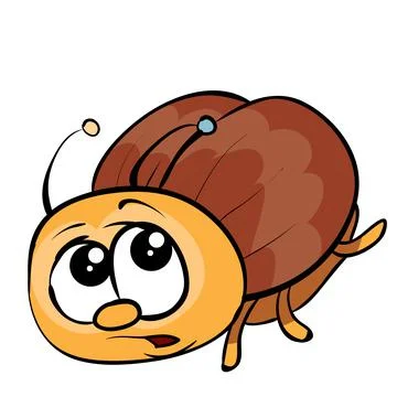 Cute brown beetle character with big eyes scared of something and running awa Illustrazione stock
