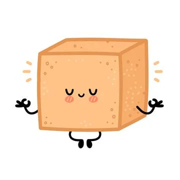 Cute brown cane sugar cube character meditate. Vector flat line cartoon kawaii Stock Illustration