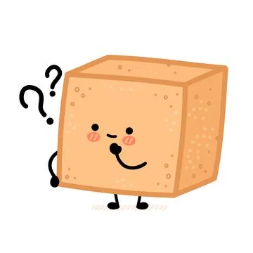 Cute brown cane sugar cube character with question mark. Vector flat line Stock Illustration