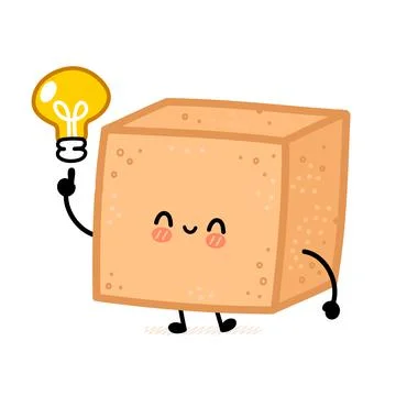 Cute brown cane sugar cube character with idea light bulb. Vector flat line Stock Illustration