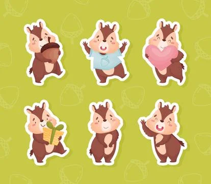 Cute Brown Chipmunk Character in Different Pose Vector Sticker Set Illustrazione stock