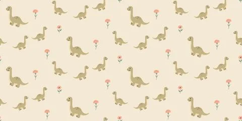 Cute brown dinosaur pattern with pink flowers on soft beige background Stock Illustration