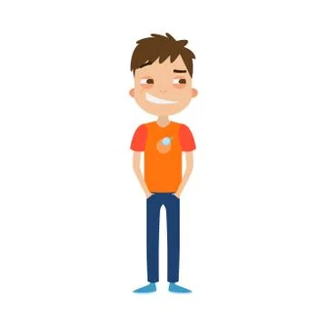 The cute brown-haired boy in blue pants standing with a satisfied smiling face Stock Illustration