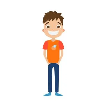 The cute brown-haired boy in blue pants standing with a happy smiling face Illustrazione stock