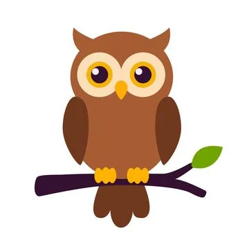 Cute Brown Owl Sitting On Tree Branch Stockillustratie