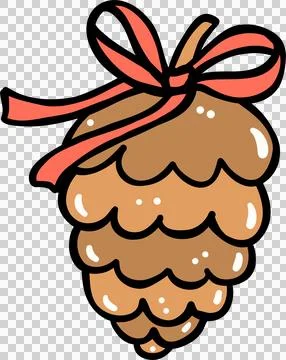 Cute Brown Pine Cone with Red Ribbon Hand Drawn Stock Illustration