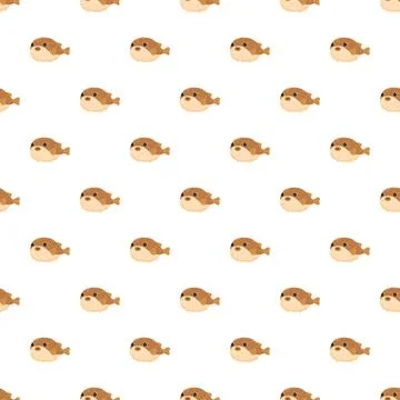 Cute brown puffer fish repeating seamless pattern Stock Illustration