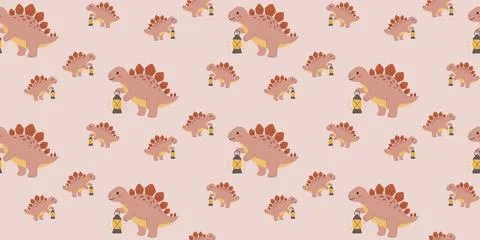 Cute brown stegosaurus pattern with yellow toy on pink background Stock Illustration