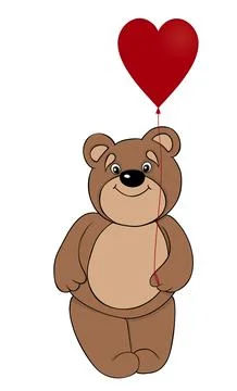 Cute brown teddy bear holding a balloon in the form of red heart Stock Illustration