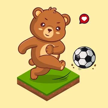 Cute Brown Teddy Bear Kick Soccer Ball Vector Illustration Stock Illustration