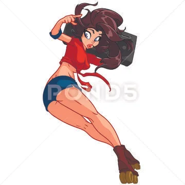 Cute brunette girl on roller blades is holding a boombox Stock Illustration