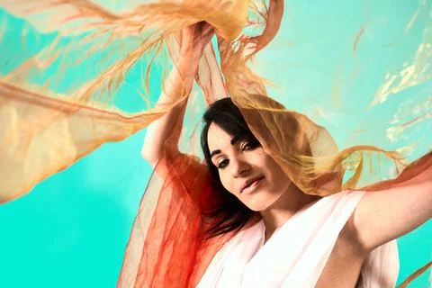 Cute brunette, white gitl weared white tulle and dancing Stock Photos