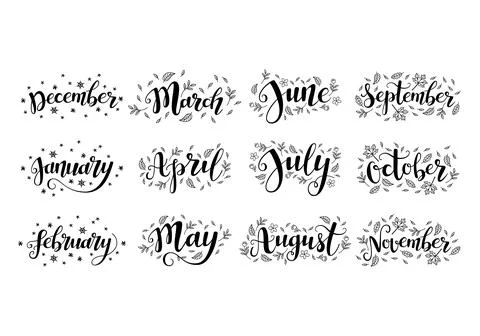 Cute brush calligraphy of months of the year Stock Illustration