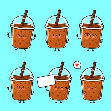 Cute bubble tea characters with different expressions and actions Stockillustratie