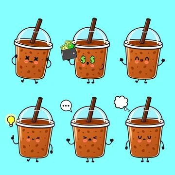 Cute bubble tea characters expressing different emotions and actions Stock-Illustration