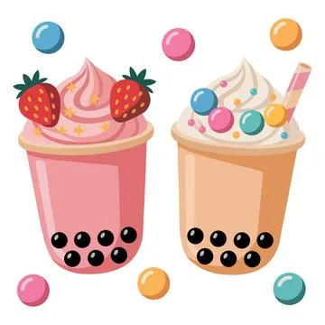 Cute Bubble Tea Milkshake Vector Illustration with Strawberry and Sprinkles Stock Illustration