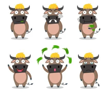 Cute buffalo cartoon vector set in different emotion isolated on white backgr Stock Illustration