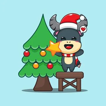Cute buffalo decorating the Christmas tree on Christmas day. Cartoon vector.. Stock Illustration
