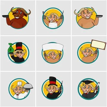 Cute Buffalo Head Circle Label set Stock Illustration