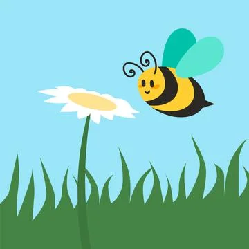 Cute bug. Cartoon bee flying to flower. Summer nature. Insect pollinating Stock Illustration