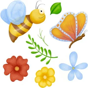 Cute bugs. Child drawing insects, flying butterflies and baby ladybird. Flower Stock Illustration
