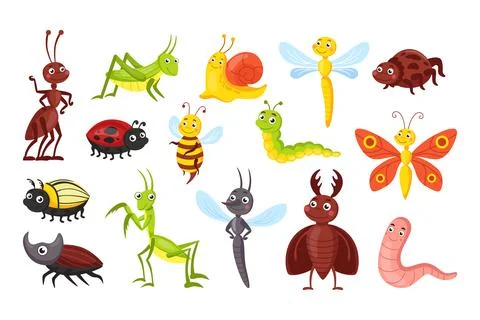 Cute bugs. Comic happy butterfly, ant and bee. Vector garden bug set with spi イラスト素材