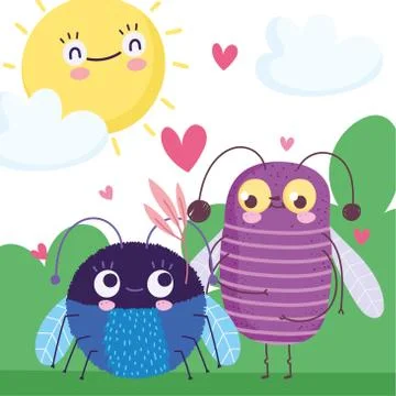 Cute bugs on grass with hearts sun sky cartoon Stock Illustration
