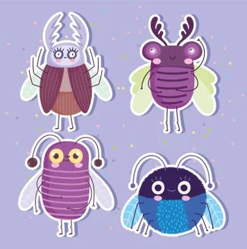 Cute bugs insects animal in cartoon style stickers collection Stock Illustration